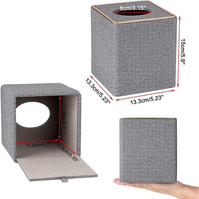 BTSKY Square Tissue Box Cover in Linen with Decorative Gold Line – Cube-Shaped Tissue Paper Holder, Tissue Storage, Organizer, Tissue Box Dispenser, Serviette Box, Gray