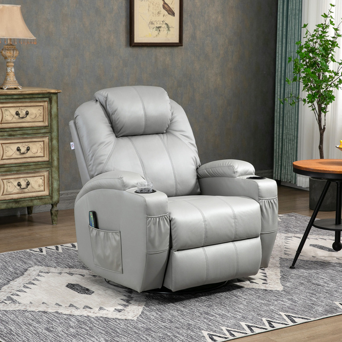 HOMCOM Electric TV Recliner Chair, Weight Capacity 150 kg, Stressless Recliner with Lie-Flat Function, Faux Leather, Light Grey
