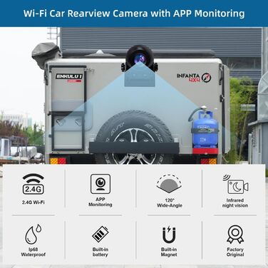 Бездротова WiFi камера заднього виду Uzone для авто, магнітна, нічне бачення, водонепроникна IP68, сумісна з iPhone та Android, для причепів, караванів, трейлерів, акумуляторна