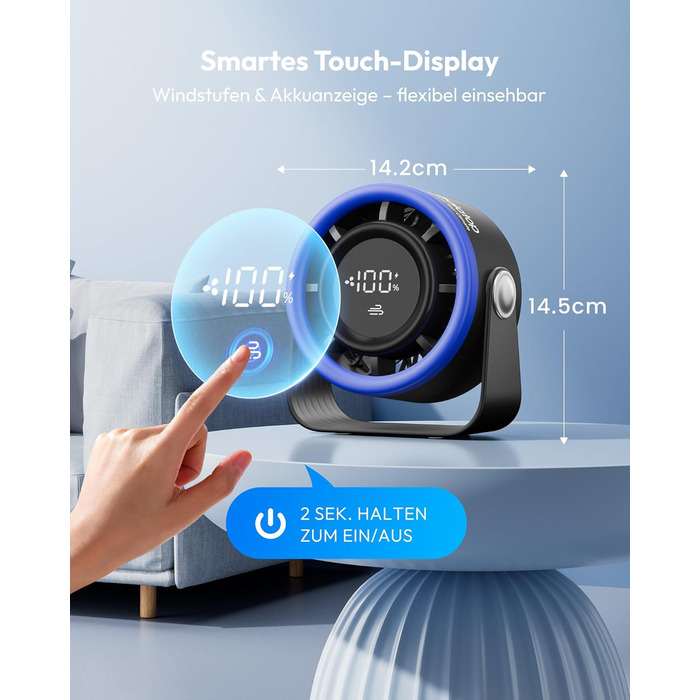 Портативний акумуляторний вентилятор Gaiatop з USB, 5 швидкостей, LED-дисплей, поворотний на 360°, для дому та офісу (блакитний)