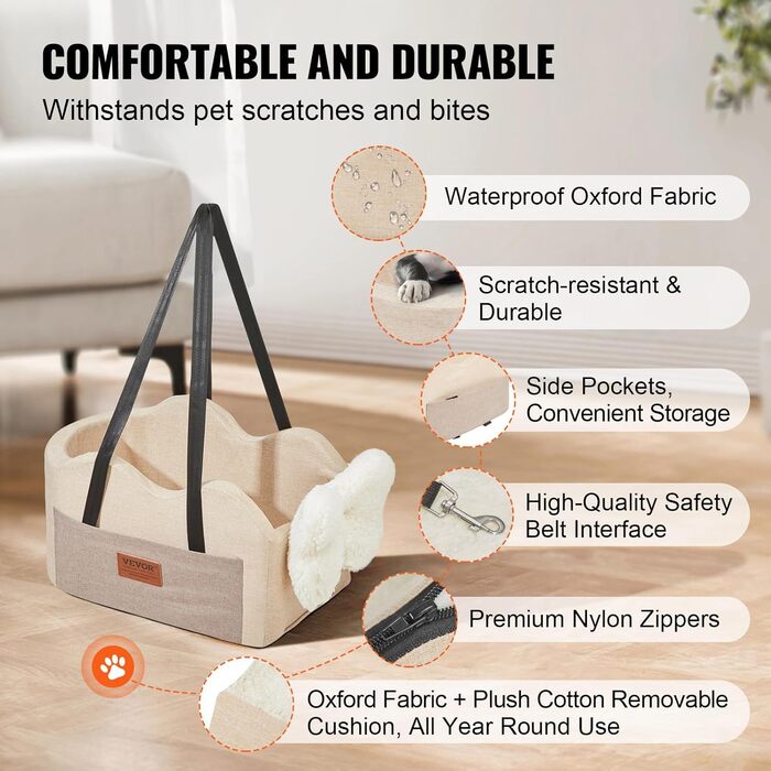 Автокрісло для собак VEVOR, підняття для собак в авто з кишенькою для зберігання, безпечний автотранспорт для домашніх тварин з поворотком, губчаста наповнювач, автоліжко для собак середніх та великих порід до 25 кг (Світло-коричневий, Extra Small)