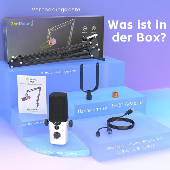 USB-мікрофон Zealsound для ПК з кріпленням – мікрофон конденсаторний 192kHz з шумозаглушенням, кнопкою вимкнення мікрофона та USB-C адаптером для Mac, стрімінгу, подкастів, співу, ASMR, YouTube