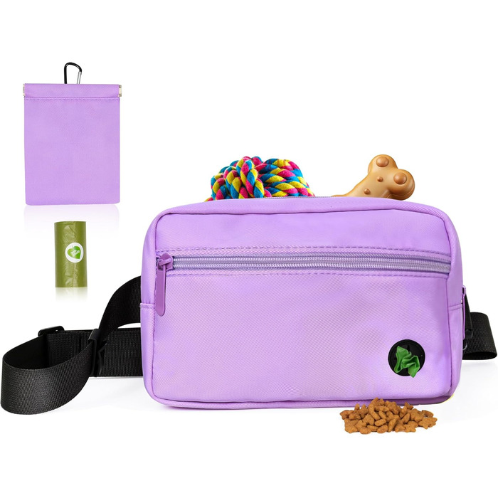 Сумка для собак з карабіном, сумка для тренування цуценят з відділенням для ласощів та контейнером для відходів, сумка для перенесення кормів для тварин з регульованим поясом (фіолетовий)