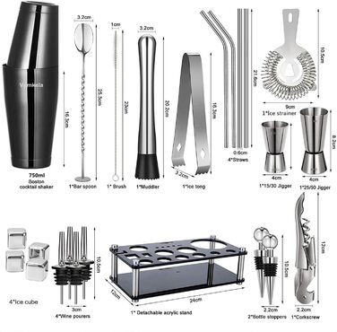 Cocktail Shaker Set, Boston Cocktail Shaker with Stand, 25pcs Bar Accessories Bartender Cocktail Mixer Accessories, 750ml Stainless Steel Cocktail Shaker Gifts Cocktail Decor Bar Counter (Style 2)