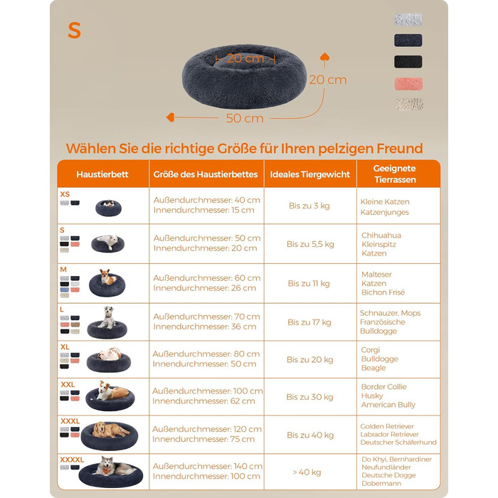 Ліжко для собак Feandrea, ліжко для котів, подушка-донат, миється, знімний наповнювач, довгий плюш, діаметр 120 см, PGW043G02 (50 x 50 x 20 см, Рожеве)