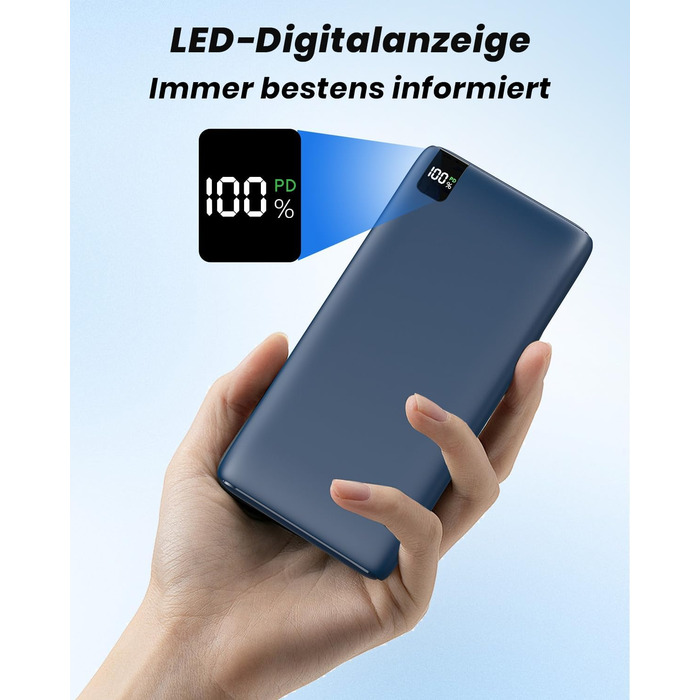Power Bank Riapow 26800mAh з LED-дисплеєм, 4 виходи, USB-C, швидка зарядка 22.5W, блакитний