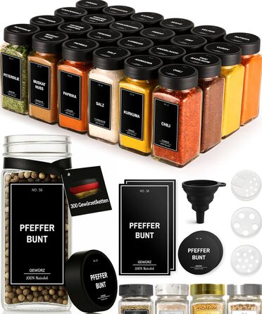 Spice Jar Set [24 x 120ml] with 300 Spice Labels [DE] - Spice Storage with Shaker Insert - Glass Spice Jars - Glass Spice Containers - Spice Organizer - Spice Jars Obsidian