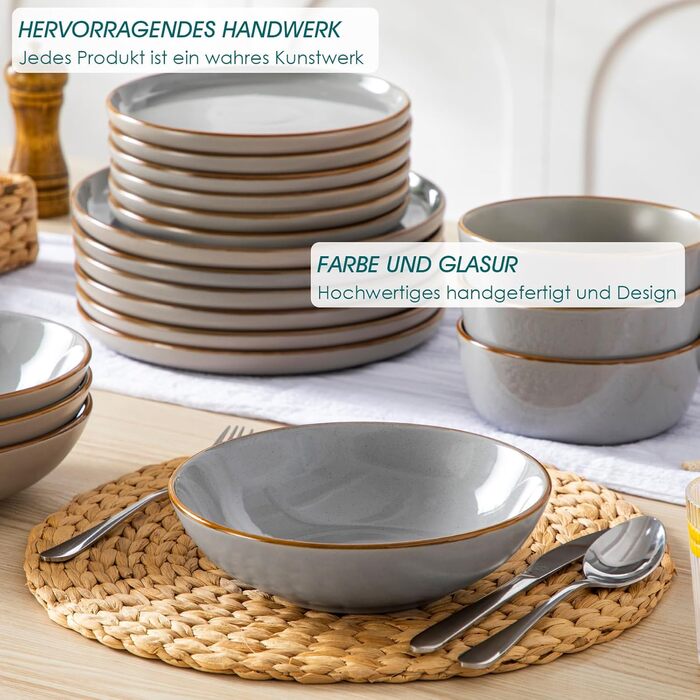 Набір посуду на 6 осіб Vancasso RENO 24 шт. з каменю, сучасний сервіз: обідні, супові, десертні тарілки, миски. Можна мити в посудомийній машині та використовувати в мікрохвильовці, сірий колір.