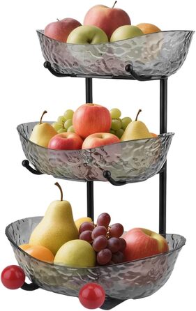 Пластикова підставка для фруктів Asaiy – 3 яруси, овальна корзина з металевим каркасом, сірого кольору. Організатор для фруктів, овочів, снеків та солодощів.
