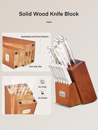 D.Perlla 14-Piece Self-Sharpening Knife Block Set - Professional Stainless Steel Kitchen Knife Set with Plastic Handle & Wooden Block (Brown)