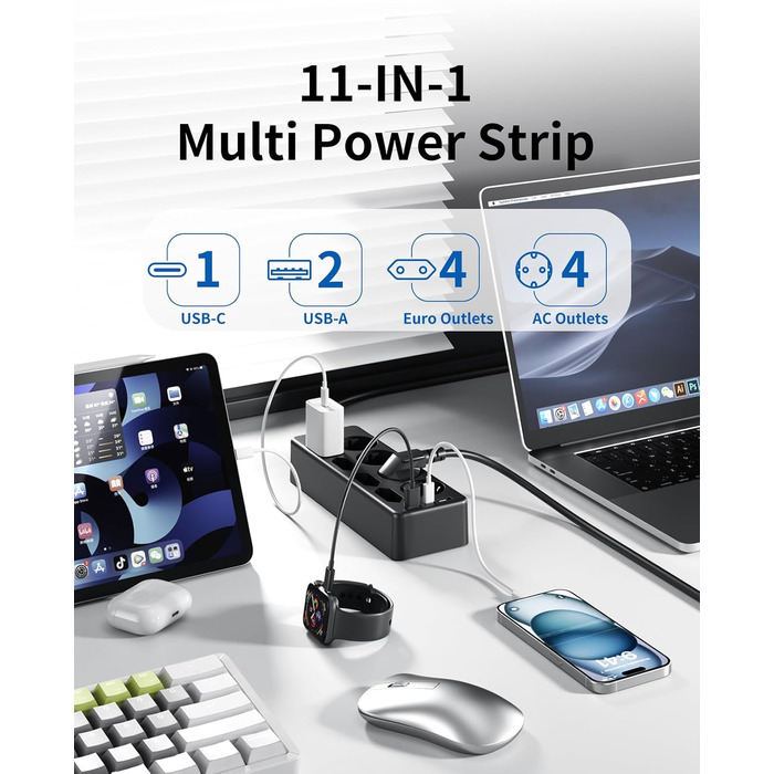 Мережевий фільтр Sameriver 8-фазний з захистом від перенапруги, 3 USB, вимикач, кабель 3M, чорний