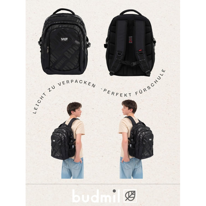 Ергономний шкільний рюкзак Budmil для хлопчиків та дівчаток, 32L, для підлітків та дітей від 5 класу, водонепроникний, з 3 відділеннями та вентильованою спинкою (Edwin Black)