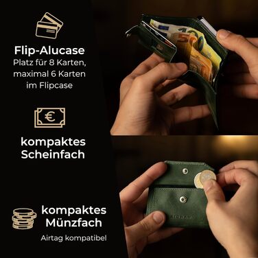 Чоловічий шкіряний гаманець KIDMAN Icarus Slim із захистом RFID, алюмінієвим футляром, монетницею, відділенням для купюр, на 8 карт, зелений