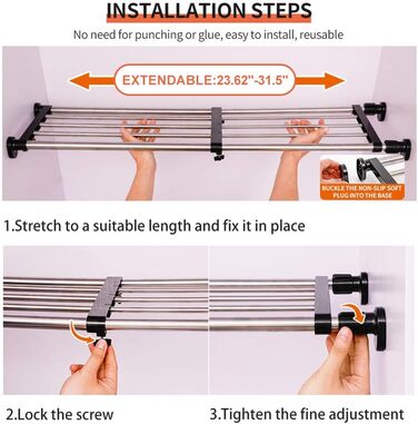 Hershii Extendable Closet Shelf, Retractable Closet Organizer, Adjustable Closet Divider, Pull-Out Closet Rod, Closet Metal Storage, for Wardrobe, Kitchen, Bathroom, Black (60-80cm/23.62-31.5inches)