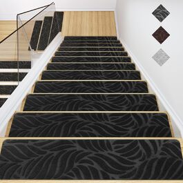 Anti-Slip Stair Treads for Wood Stairs - Felt Self-Adhesive Carpet Treads - 15 Pack, 76x20cm - Black Banana Leaf Design