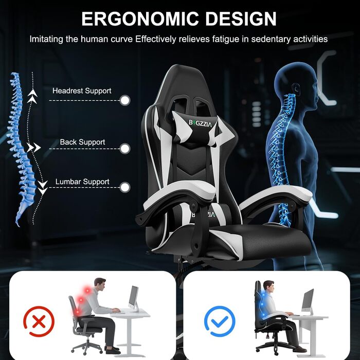 Геймерське крісло Bigzzia Ergonomisch з підтримкою попереку та голови, Bluetooth, чорно-біле, регульована висота, для підлітків та дорослих