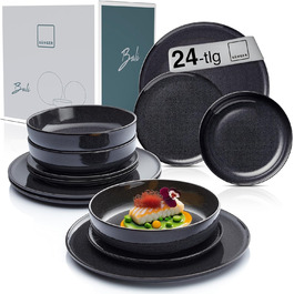 SÄNGER | Bali 24-Piece Dinner Set, Tableware Set for 8 People, Stoneware Plates, Dinnerware Set including Dinner Plates, Dessert Plates & Deep Plates, Dinner Plates, Table Service Dark Gray with Dark Grain. Bali Tableware Set 24 pcs.