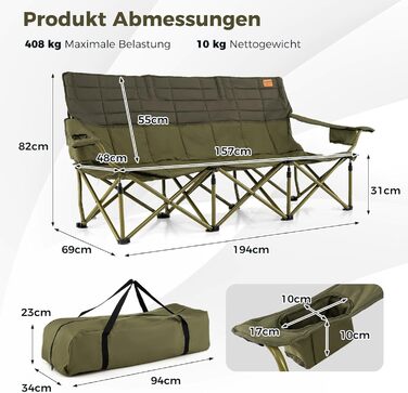 Крісло для кемпінгу Costway, розкладне, з регульованими підлокітниками, тримачами для напоїв та сумкою, вантажопідйомність 272 кг, для кемпінгу, риболовлі, пікніка (Зелений)