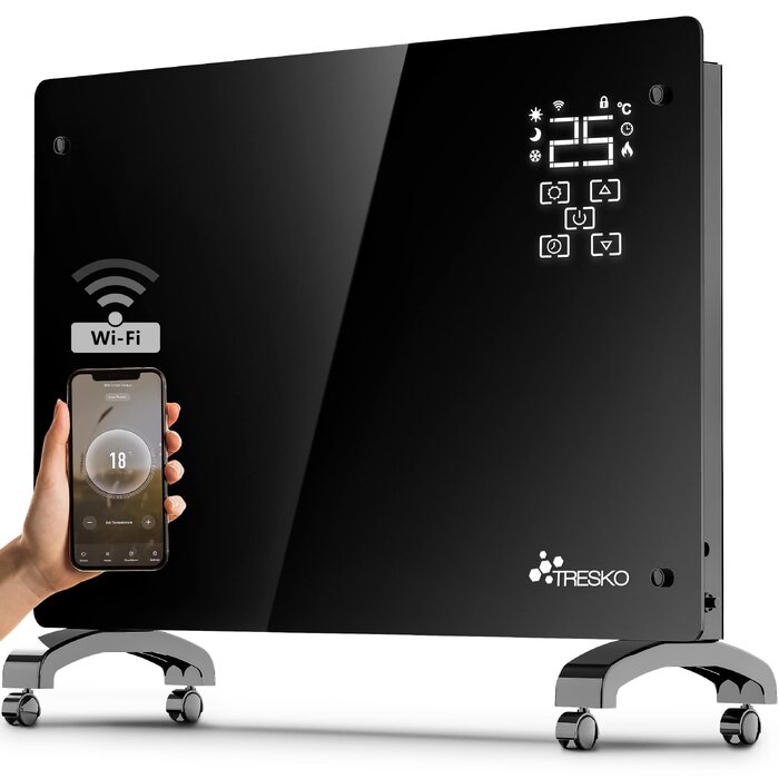 Скляний конвектор TRESKO з WiFi та керуванням через додаток, підлоговий або настінний обігрівач (2000 Вт, чорний)
