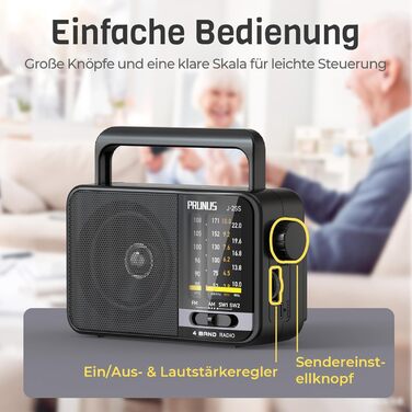 Радіоприймач PRUNUS J-25S FM/AM/SW: Портативне радіо на сонячній батареї з акумулятором 1800mAh, великий динамік, чудовий прийом, просте радіо для літніх людей