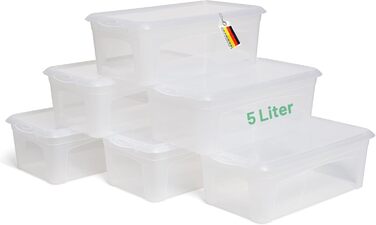 6 Storage Boxes with Lid 5L Transparent Boxes Stackable Nestable Storage boxes with Clip Closure BPA-free Plastic 34x19x11 cm
