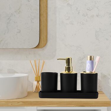 9-Piece Bathroom Accessory Set – Trash Can, Soap Dispenser Set, Soap Dish, Toilet Brush Holder, Toothbrush Holder, Cup, Tray, Cotton Swab Holder, Black and Gold