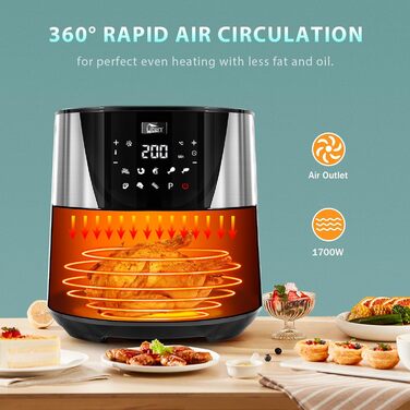 Електрична фритюрниця Uten 5.5L XXL з гарячим повітрям, 1700W, таймер, антипригарне покриття, для 2-8 осіб, чорна