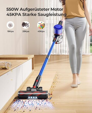 Бездротовий пилосос Fieety 550W з акумулятором, 45000Pa, 60 хвилин роботи, 6-в-1, тихий, з арома-пластиною, для твердих поверхонь, килимів та шерсті тварин