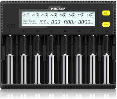 Зарядний пристрій для акумуляторів 18650 MiBOXER, 8 слотів, LCD дисплей, автоматична зарядка Li-Ion, LiFePO4, NI-MH, NI-Cd, AA, AAA, C, 21700, 26650, 13650, 16340, 18350, 18700, RCR123, C8