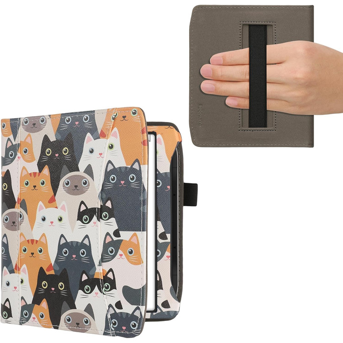 Чохол-книжка kwmobile для Pocketbook Era/Era Color з кишенею та лямкою - з зображенням жінки, що читає, чорно-бежевий (коти)