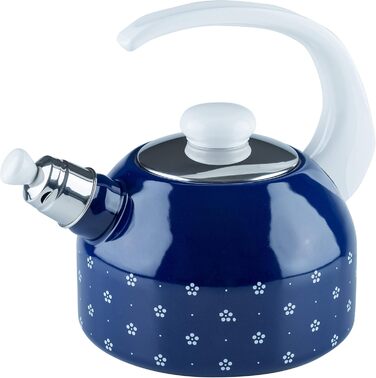 Riess, 0543-073, Whistling Kettle Plus, COUNTRY - DIRNDL, Diameter 18 cm, Height 21.7 cm, Capacity 2 liters, Enamel, Triple-enameled, blue/white, Induction 2 liters Floral Blue