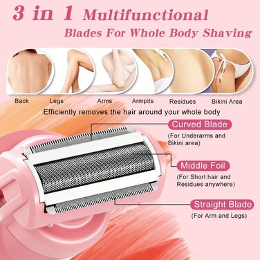 Електричний епілятор Hatteker 3-в-1 для жінок: тример для бікіні, епілятор та бритва. LED-дисплей, IPX7, USB-зарядка (Рожевий)