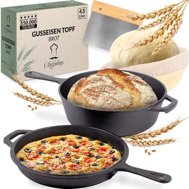 Chefaron Enameled Cast Iron Pot 2-in-1 incl. Proofing Basket and Dough Scraper. Bread Baking Dish with Lid 3L. Dutch Oven with Lid Oven-Safe. Cast Iron Pot for Baking Bread at Home. Cast Iron Dutch Oven 3L 2-in-1