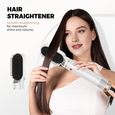OKWRAP Hairstyler 5 в 1: Набір для укладки волосся, фен з іонами, автоматична плойка, термощітка, випрямляч. Ідеально для випрямлення, сушіння, створення об'єму та локонів. Білий, золотий.