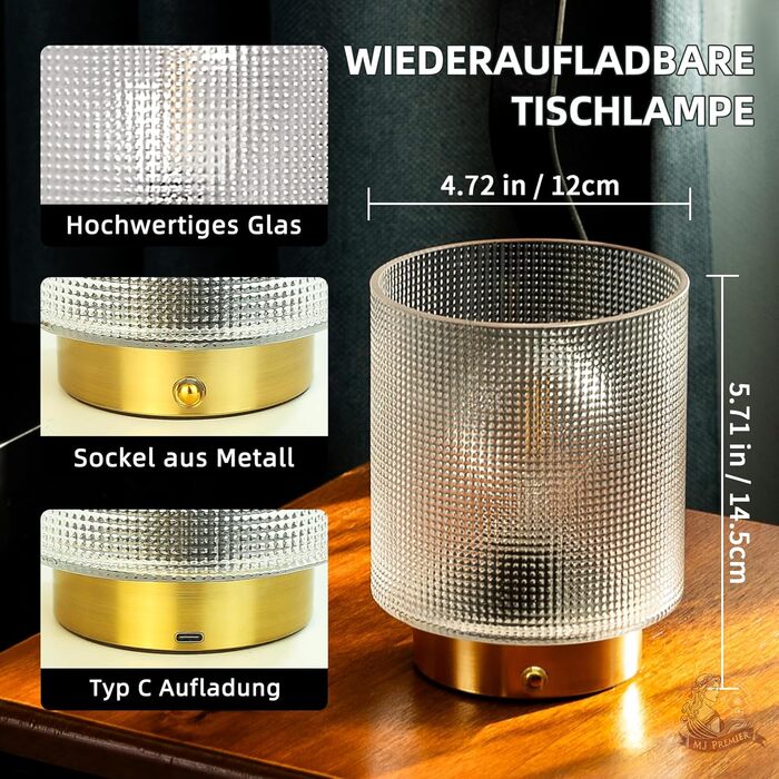 Бездротова настільна лампа з таймером, вінтажний дизайн, LED, скло, для дому та вулиці, диммування, сірий колір, розмір L