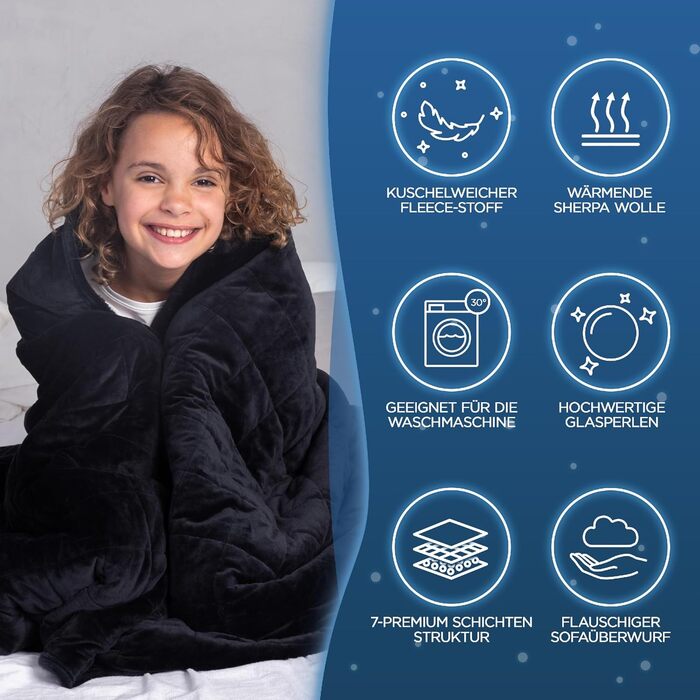 Ковдра з ефектом обіймів 135x200 см, 7 кг, Sherpa Fleece, сертифікат Oeko-Tex, терапевтична ковдра для розслаблення, покращує сон, вага 7 кг, чорна