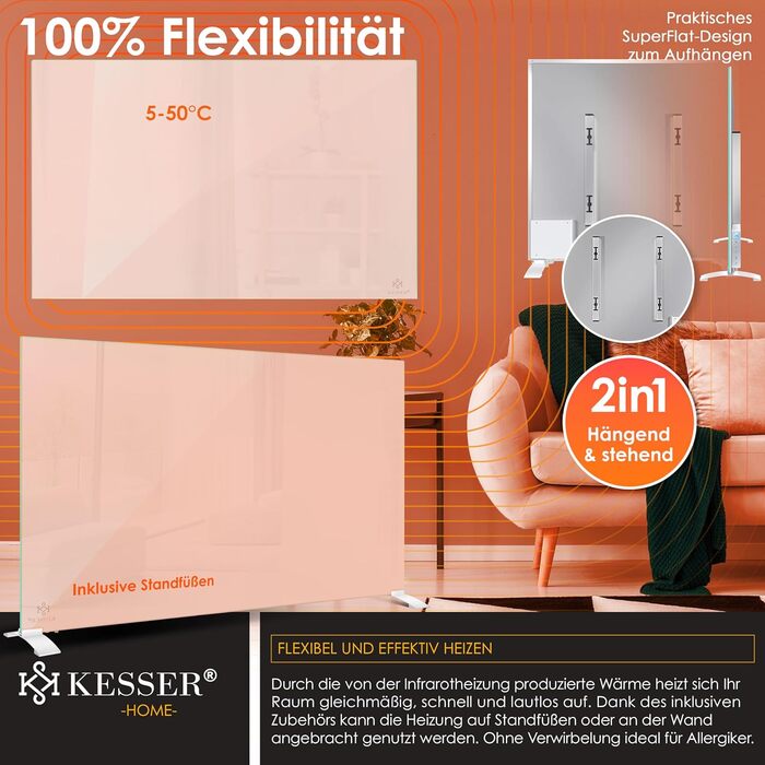 Інфрачервовий обігрівач KESSER® з функцією 2 в 1: підлоговий та настінний. Енергозберігаючий склокерамічний обігрівач з дистанційним керуванням, термостатом, детектором відчинених вікон та керуванням через додаток. Потужність 500W, білий колір.