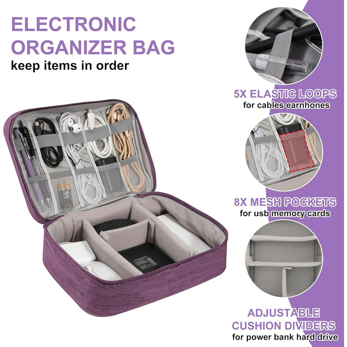 Водонепроникна сумка-органайзер для кабелів та аксесуарів електроніки (фіолетовий)
