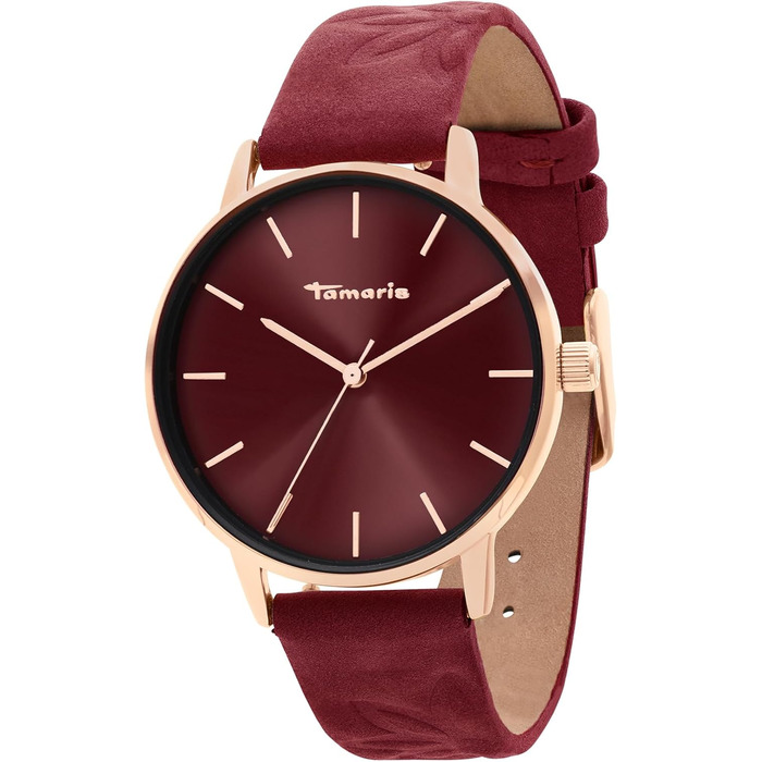 Годинник Tamaris для жінок з шкіряним ремінцем (рожеве золото / шкіряний ремінець з квітковим візерунком бордового кольору)