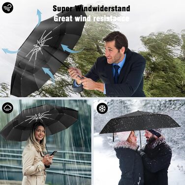 Чорний парасолька Herreicher туристичний автоматичний штормостійкий з алюмінієвим каркасом, компактний, 102 см, 10 спиць, для чоловіків/жінок/дітей/літніх людей