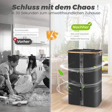 Laundry basket with 2 compartments, deposit bottle collection container with lid, container for deposit bottles & glass recycling & paper waste, deposit bottle container bamboo with bag, must-have (Black - visualization, 100L)