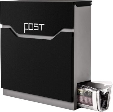 Поштова скринька Arebos сучасного дизайну настінна, з газетницею, чорна - стійка до погодних умов, з ключами та кріпленням