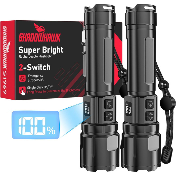 Ліхтарик Shadowhawk LED перезарядна 2 шт. | Тактичний ліхтарик (2 вимикачі) 500000 люмен, дальність до 1000м, час роботи 12 год для кемпінгу/відпочинку на природі/походів, регульована яскравість, чорний