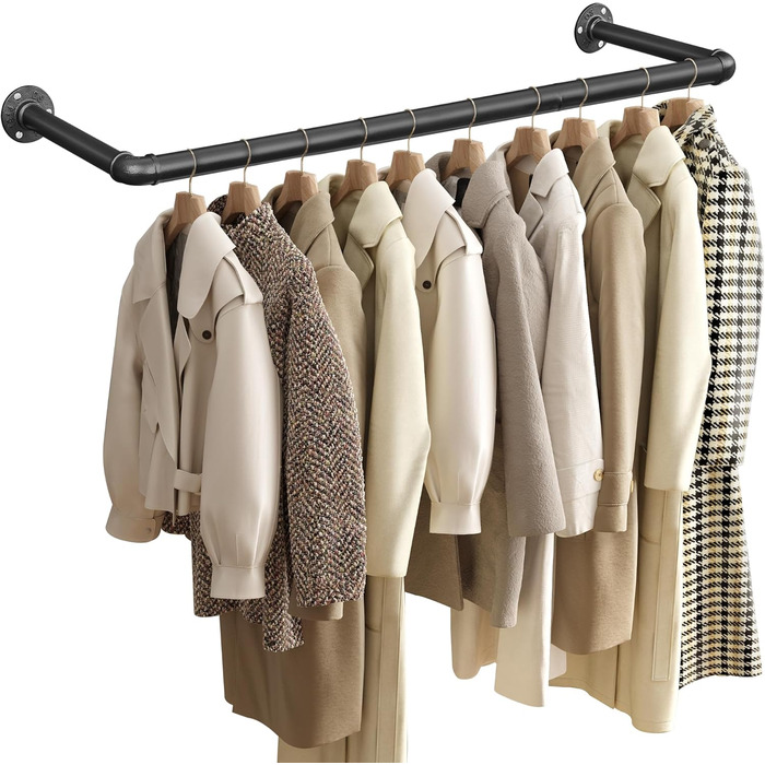 SONGMICS Wall Mounted Clothes Rack Set, Coat Rods, Wall Mounting, Space-Saving, 9 x 30 x 7.5 cm, Easy Assembly, Industrial Design, for Small Apartments, Black HSR67BK0 (1)