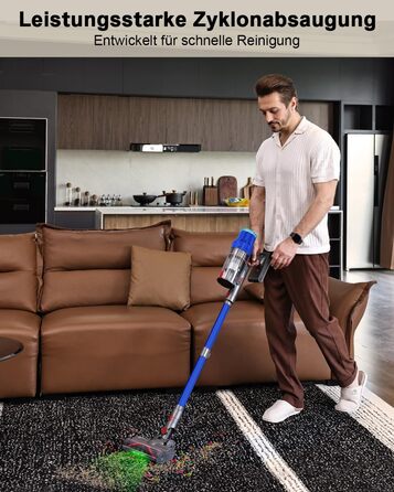 PINICO Бездротовий акумуляторний пилосос 550W з автоматичним режимом та щіткою Anti-Tangle, для твердих підлог, килимів та шерсті тварин (Blue+grey)