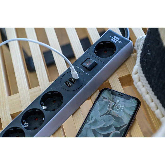 Бренненштуль мережевий фільтр 5-портовий з USB-C Power Delivery та 2 USB, для швидкої зарядки, 1x USB-C PD, 2x USB 2.4A, Single