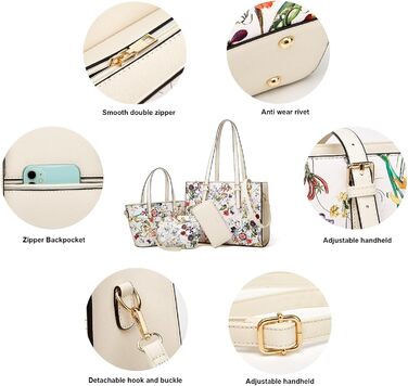 Набір сумок YTL для жінок: сумка-тоут, шопер, сумка на плече, гаманець та картник (білий квітковий принт) для офісу, школи, покупок, подорожей - елегантний подарунок