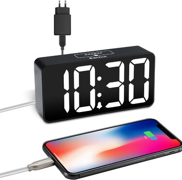 LED-годинник Eachui з USB-зарядкою, великий дисплей, регулювання яскравості та гучності, повторний сигнал, 12/24 год, цифровий годинник, живлення від мережі (чорний & білий)