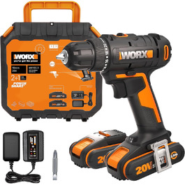 WORX WX100.3 акумуляторний дриль-шуруповерт 18V, PowerShare, 30 Nm, LED, безключовий патрон 10 мм, 2 акумулятори, оранжевий & чорний