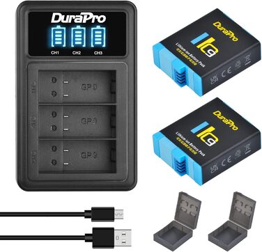 Акумулятор DuraPro 2X + LED зарядний пристрій 3-слоти USB Type-C для GoPro Hero 12/11/10/9 Black